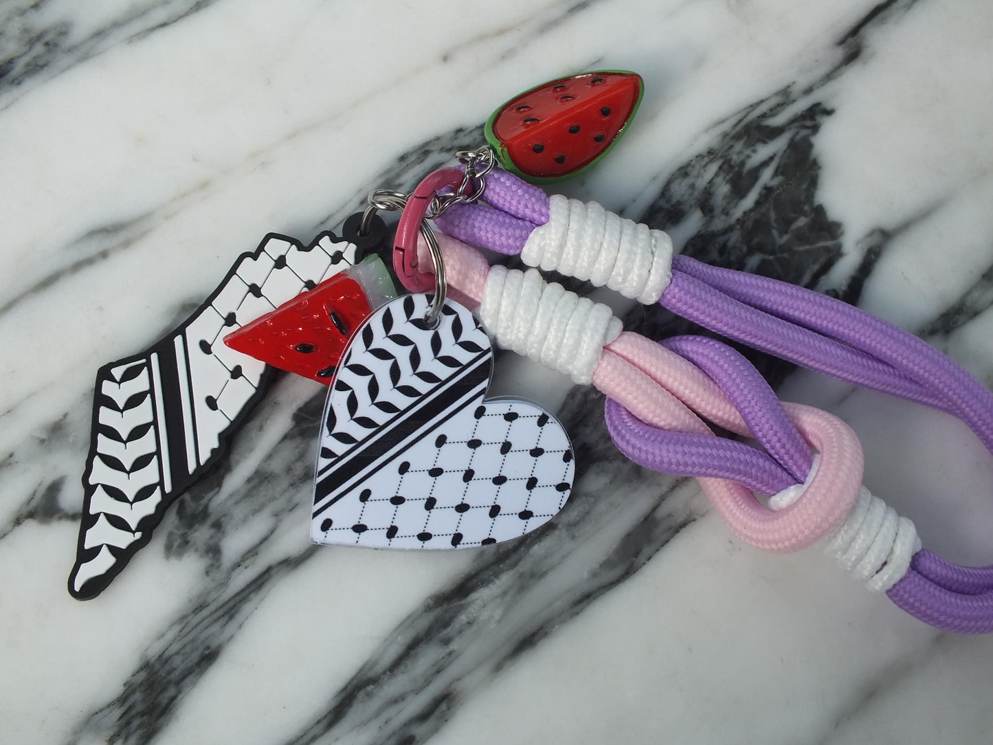 Palestine Car Keychain - Palestinian Symbol Keychain – Heart with Keffiyeh & Watermelon – Handmade Political Gift for Gaza Charity
