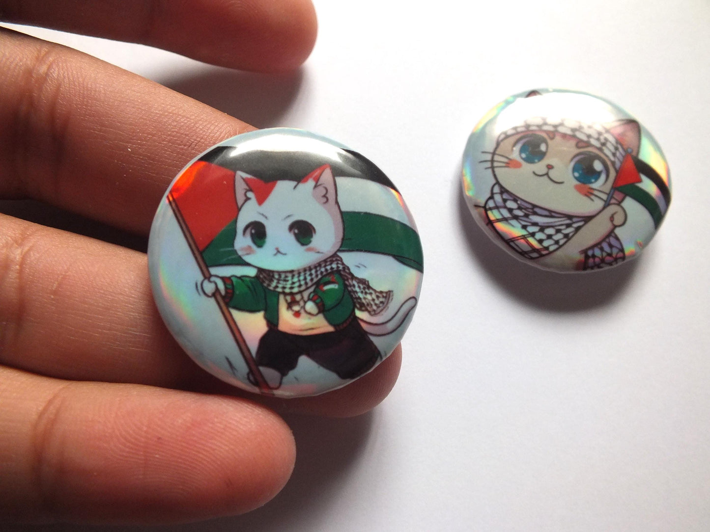Palestine Cat Activist Pin – Watermelon & Keffiyeh Palestine Flag Design – Cute Resistance Gift Idea - Holographic Pins for Gaza