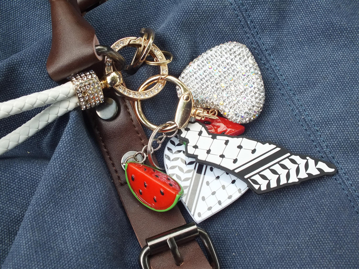 Acrylic Heart Keychain for Gaza – Keffiyeh Pattern with Watermelon Charms – Pro Palestine Gift Idea with Proceeds donated to Charity