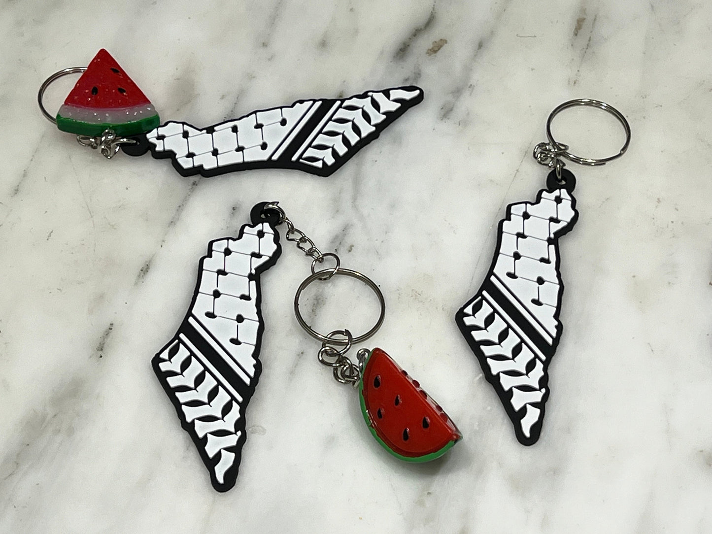 Palestinian Map with Keffiyeh Pattern Print Keychain - Palestine Keyring with Watermelon Charms - Palestinian Symbol Keychain Gift