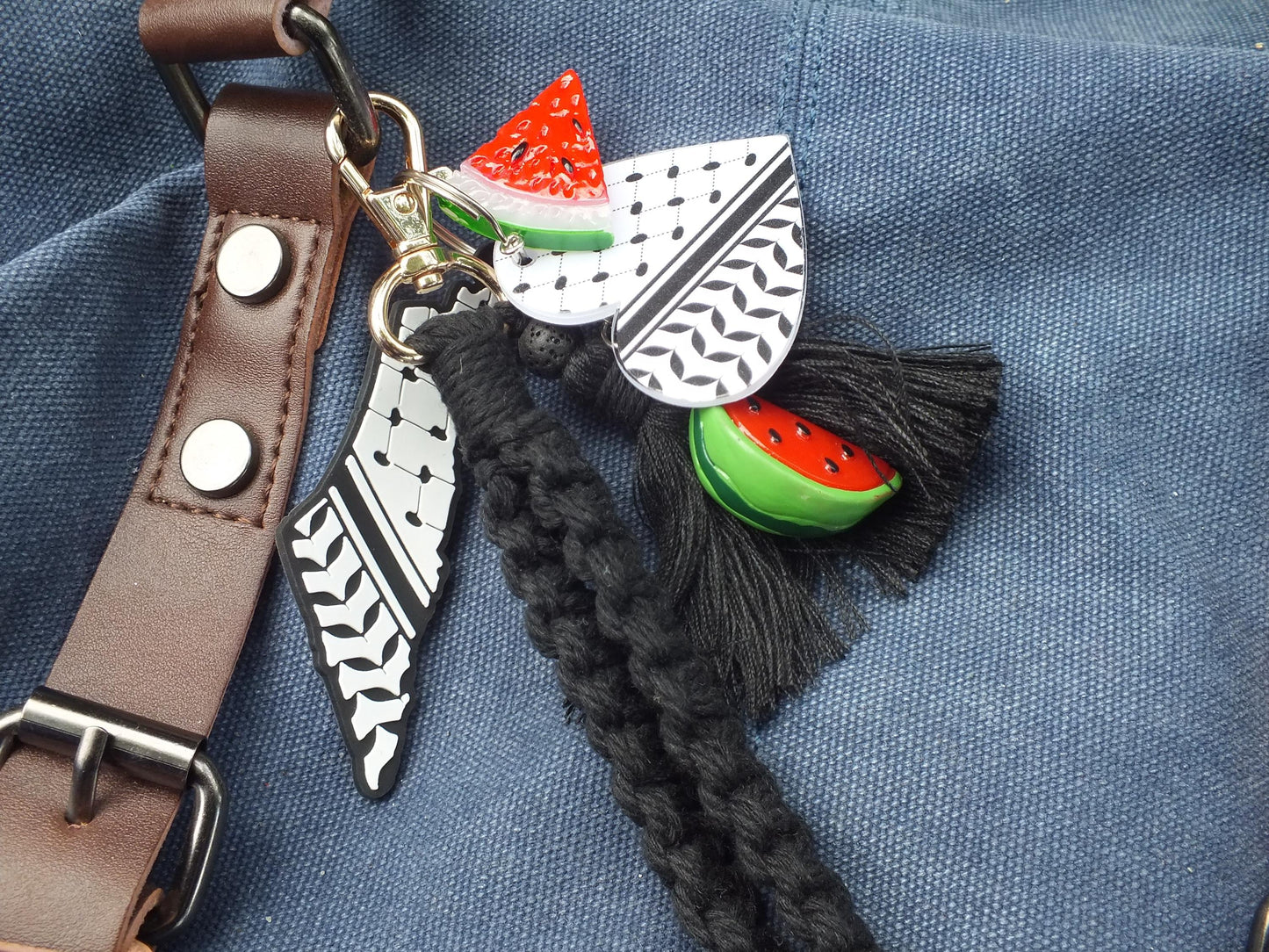Pro Palestine Keychain – Cultural Heart Keychain – Keffiyeh Acrylic + Watermelon Charm – Stand in Solidarity with Palestine for Gaza