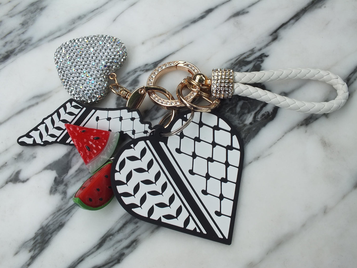 Acrylic Heart Keychain for Gaza – Keffiyeh Pattern with Watermelon Charms – Pro Palestine Gift Idea with Proceeds donated to Charity