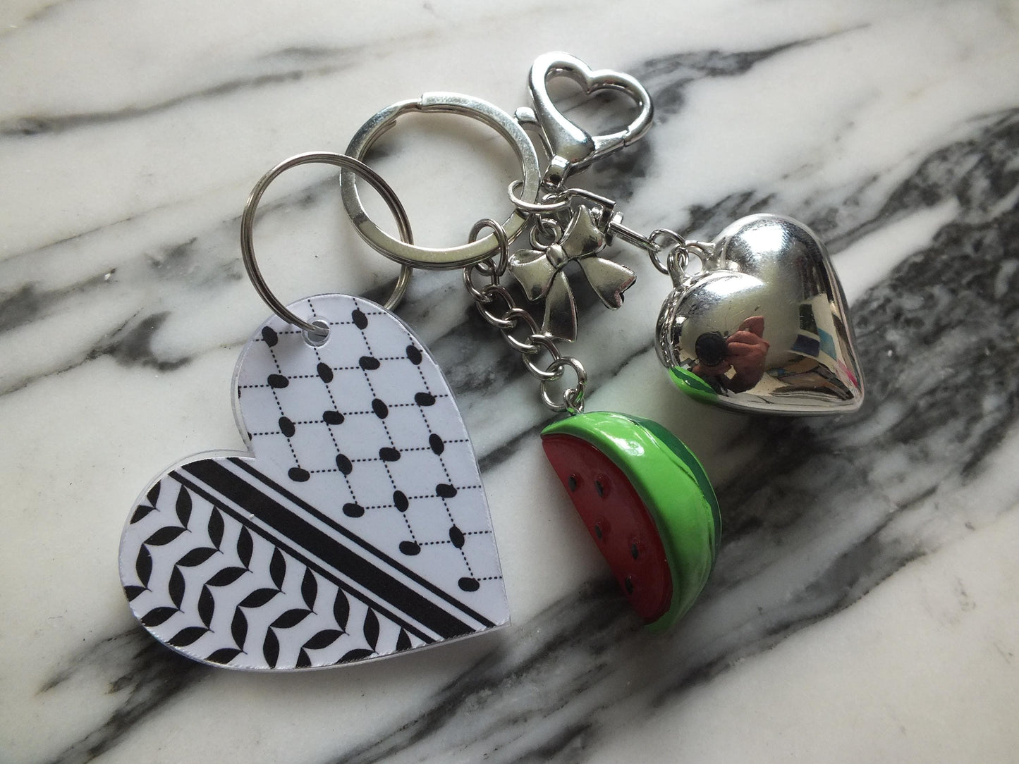 Chrome Love Heart Keychain for Pro Palestinian Activist - Keffiyeh Pattern + Watermelon Enamel Charm – Gift for Supporters and Activists