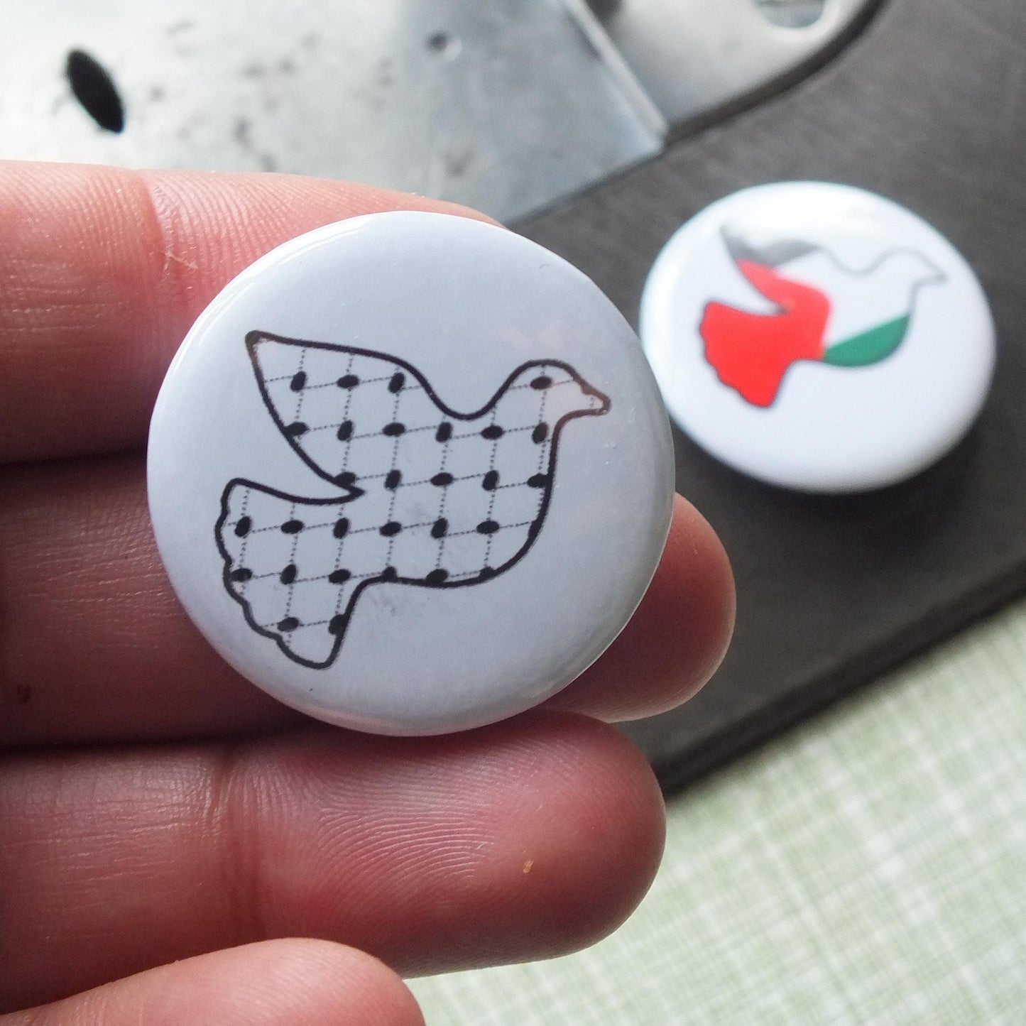 Palestine Peace Pin – Dove and Keffiyeh Illustration on Metal Badge – Activist Statement in Solidarity and Support with Gaza