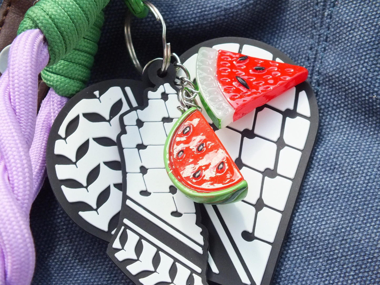 Palestine Car Keychain - Palestinian Symbol Keychain – Heart with Keffiyeh & Watermelon – Handmade Political Gift for Gaza Charity
