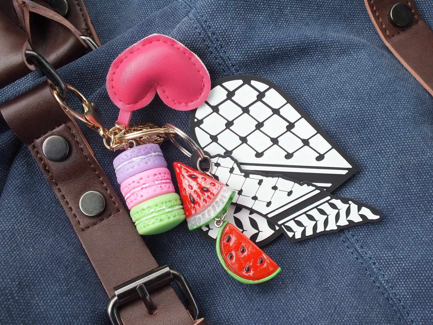 Soft Heart Keychain - Palestinian Symbol Keychain – Heart with Keffiyeh Pattern Print & Watermelon Charm – Handmade Political Gift