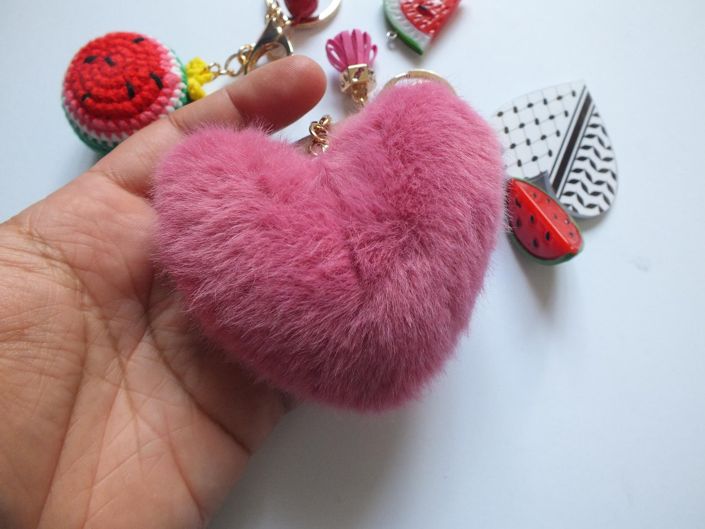 Pink Heart Keyring - Gaza Activist Keychain – Palestine Heart in Keffiyeh Print + Watermelon Symbol Charm - New Car Gift for Gaza Supporter