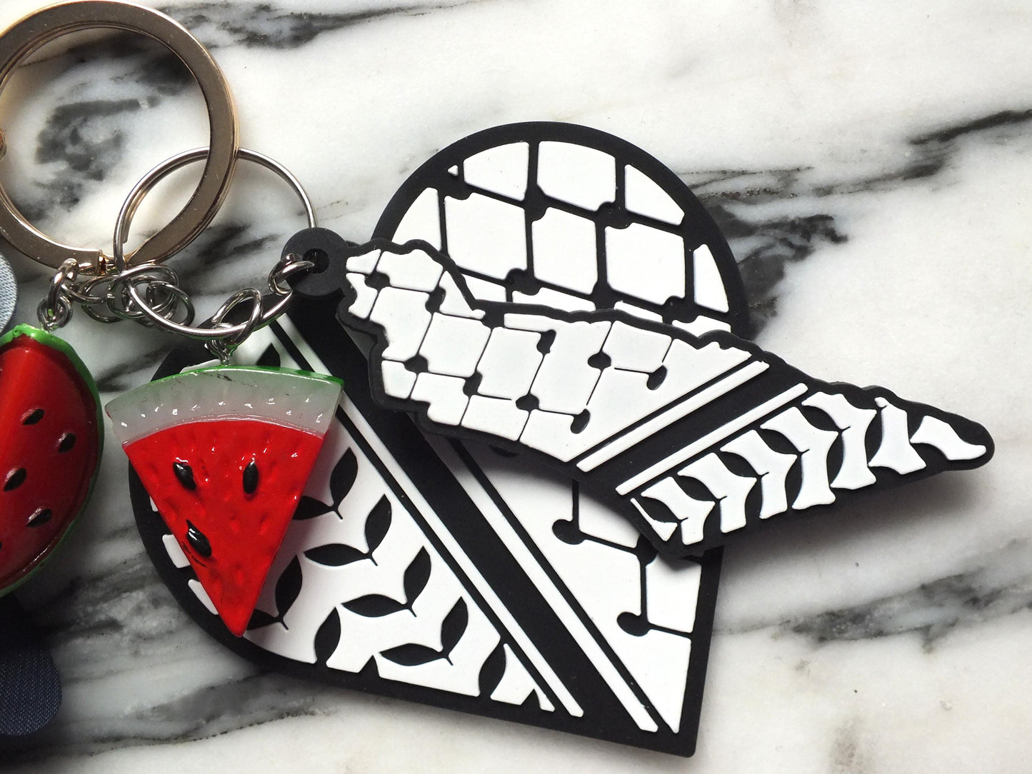 Watermelon Keyring with Keffiyeh Charms for Palestine - Cute Flower Keychain – Acrylic Keffiyeh Heart + Watermelon Charms – Conscious Gift