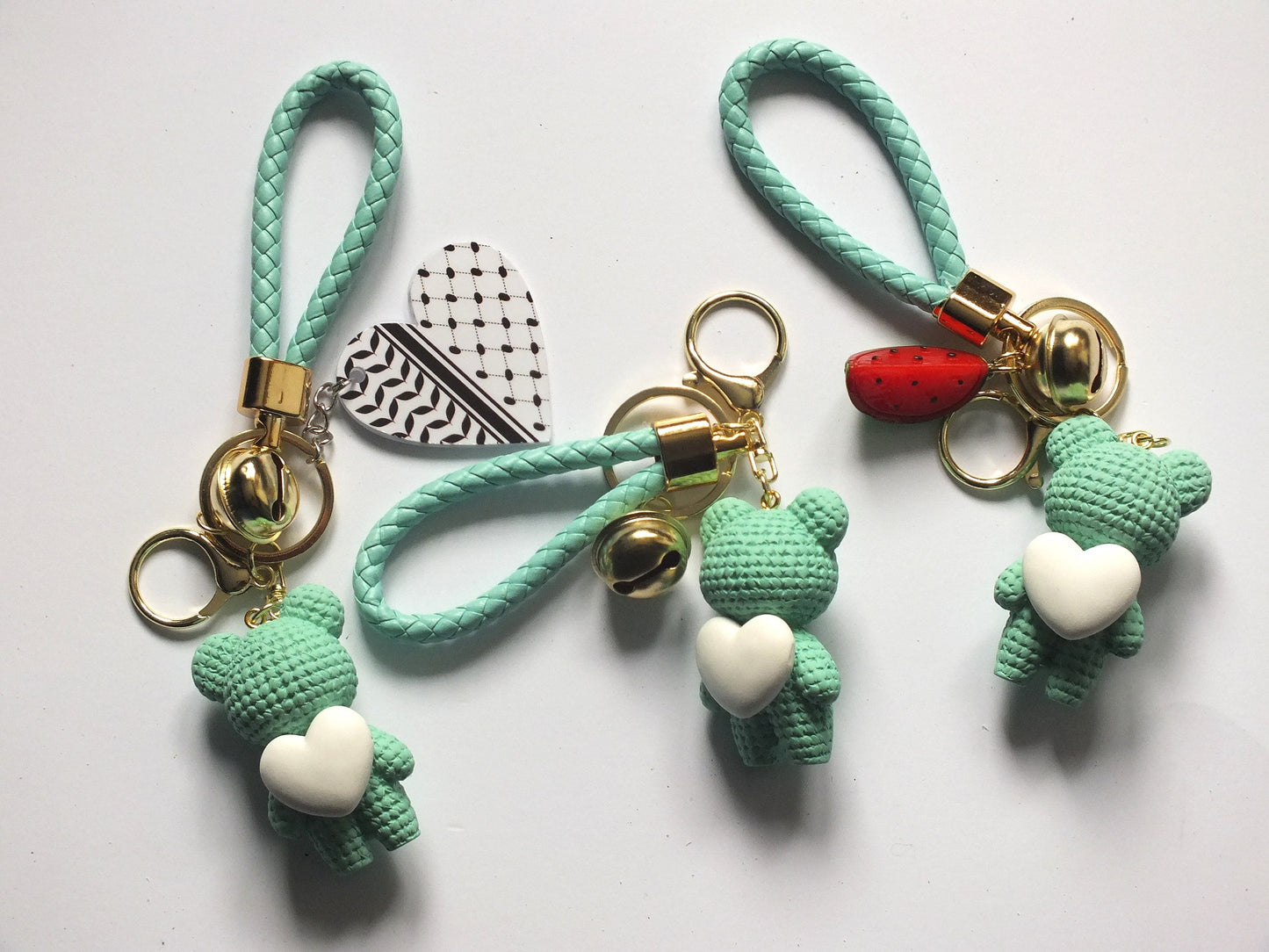 Teddy Bear Keyring with Watermelon Charm for Palestine - Palestinian Symbol Keychain – Heart with Keffiyeh & Watermelon – Handmade Gift