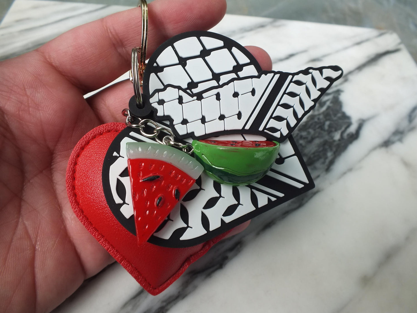 Soft Plushie Heart Keychain – Keffiyeh Pattern with Watermelon Charm – Pro Palestine Gift Idea - Red Heart Keyring for Activist Supporter
