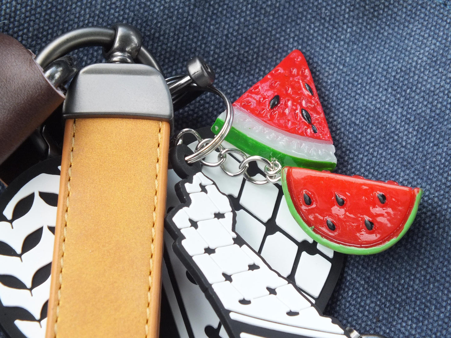Leather Keychain for Palestine in Solidarity with Gaza - Watermelon Enamel Charms & Keffiyeh Acrylic Heart - Palestinian Heritage Print