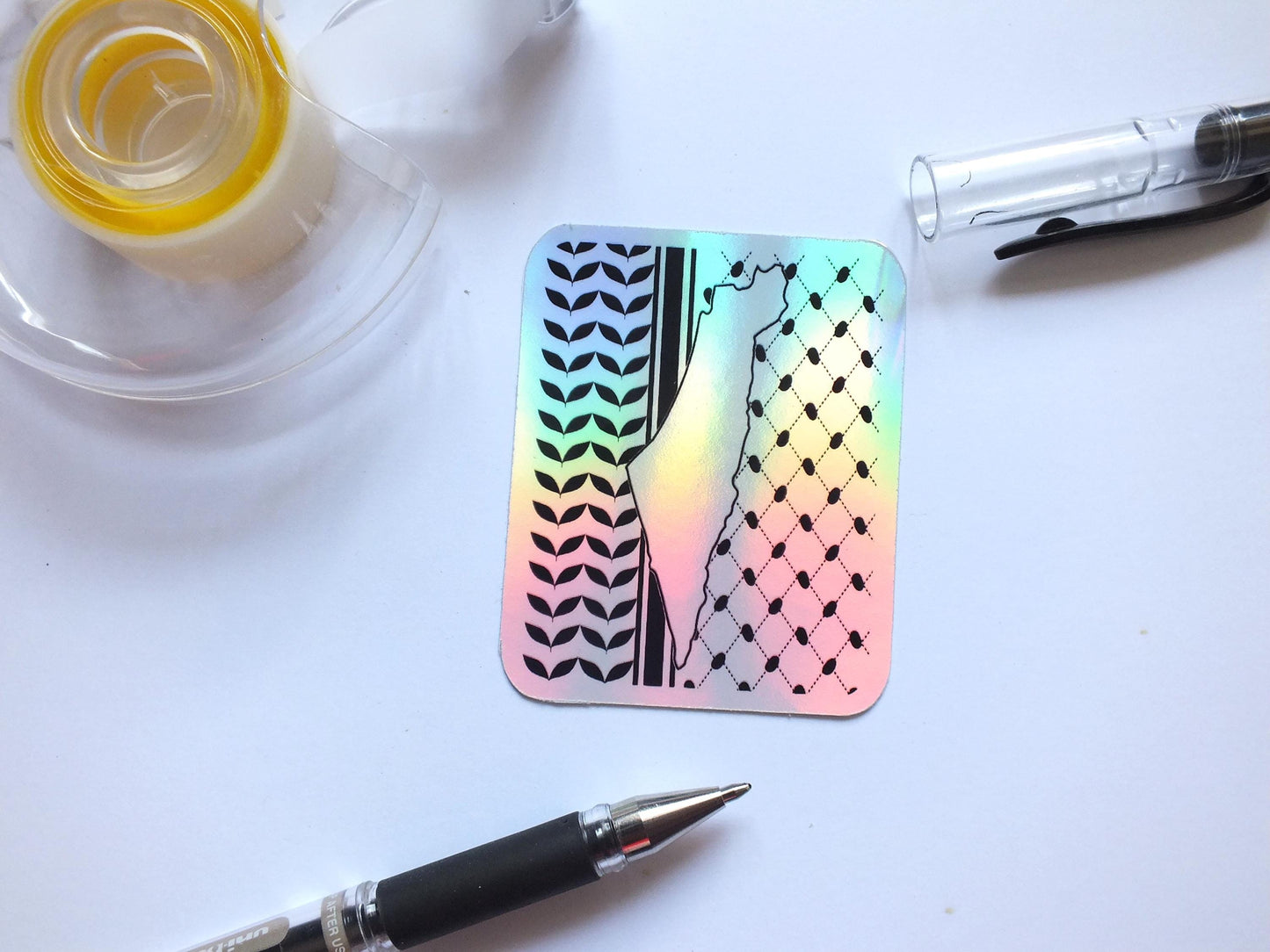 Pro Palestine Keffiyeh Decal – Holographic Cultural Symbol for Phone Case, Water Bottle, iPad, Car Window – Glossy Map of Palestine Sticker
