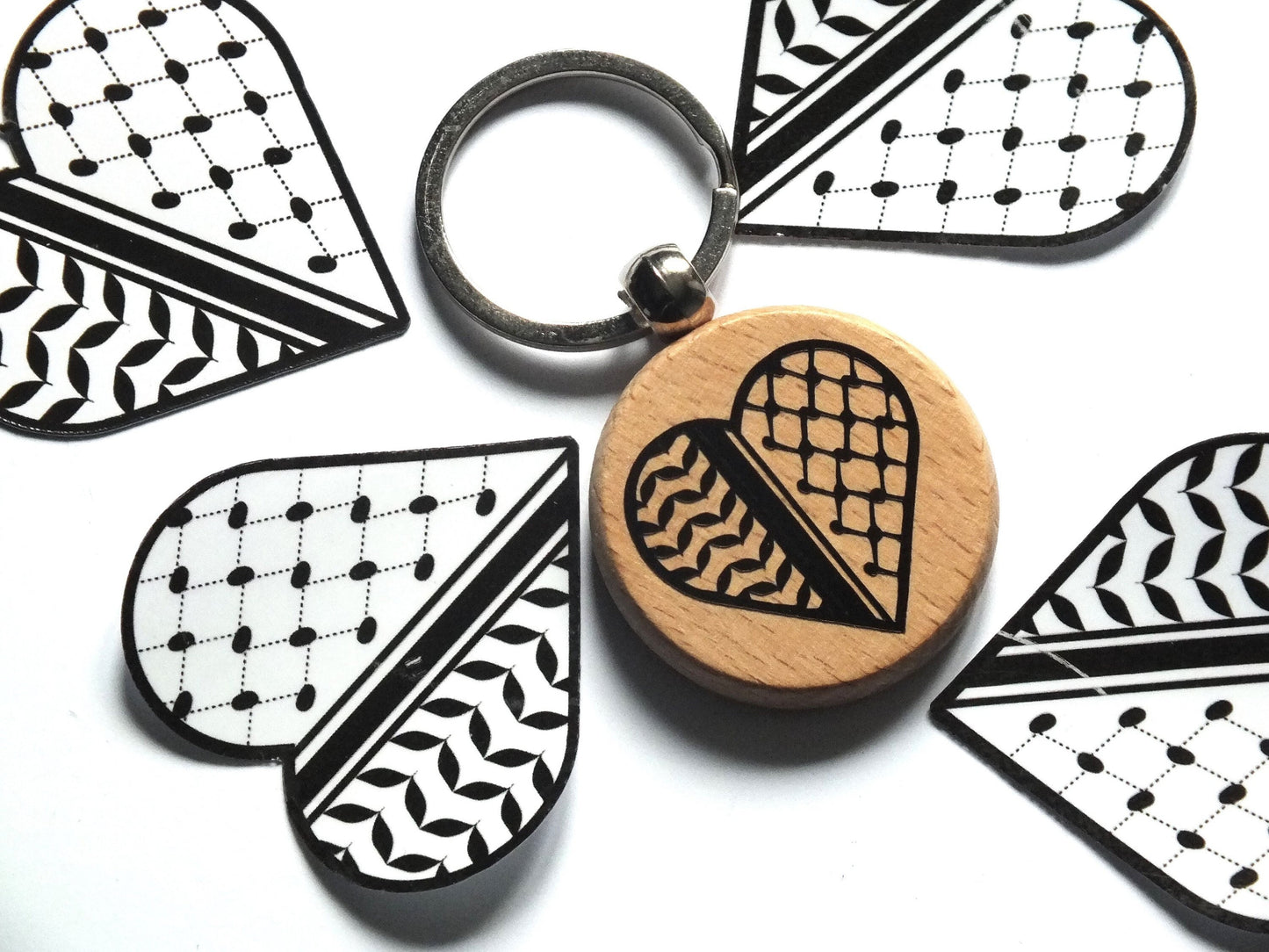 Wood Keychain for Palestine with Watermelon Charms - Keffiyeh Vinyl Keyring in Solidarity with Gaza - Proceeds donated to Charity