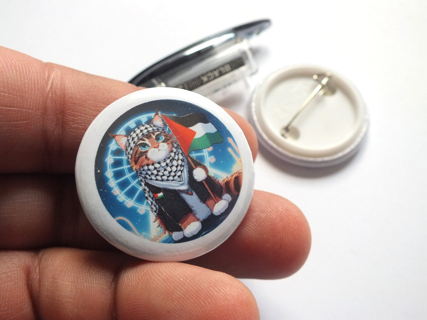 Round Metal Pin for Gaza – Cat with Palestinian Flag and Watermelon – Protest Art with Cute Twist - Activist Metal Badge for Backpack