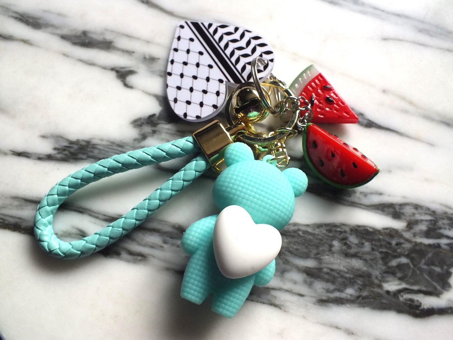 Teddy Bear Heart Keychain for Palestine – Keffiyeh Pattern + Watermelon Enamel Charms – Gift for Supporters and Activists for Gaza