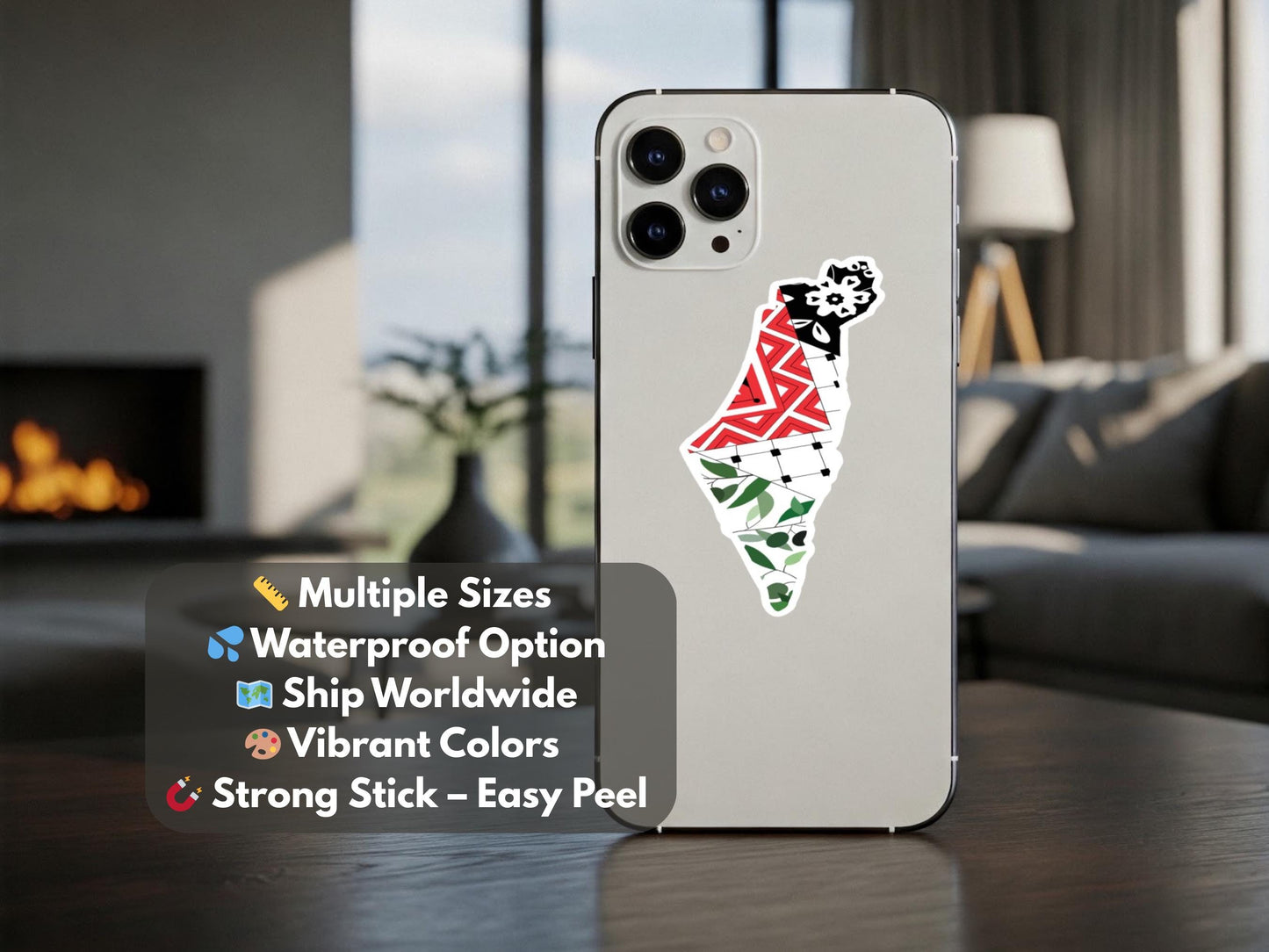 Pro Palestine Keffiyeh Decal – Cultural Symbol for Phone Case, Water Bottle, iPad, Skateboard, Car Window – Glossy Map of Palestine Sticker