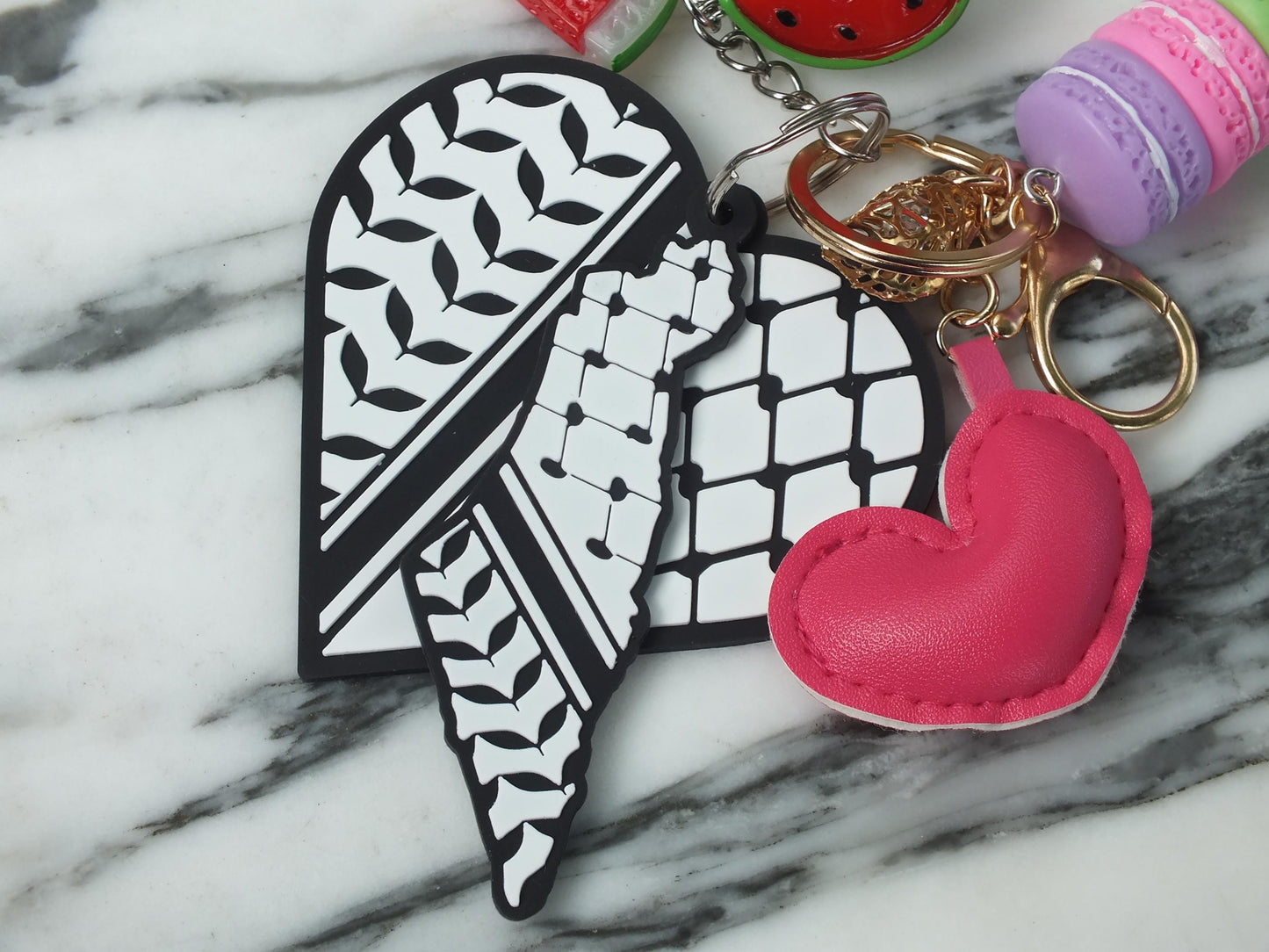 Soft Heart Keychain - Palestinian Symbol Keychain – Heart with Keffiyeh Pattern Print & Watermelon Charm – Handmade Political Gift