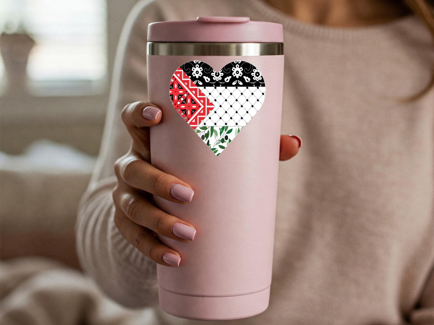 Glossy Keffiyeh Heart Decal – Palestine Flag Colors Vinyl Sticker for Phone Case, Laptop, Water Bottle – Resistance Symbol for Activist