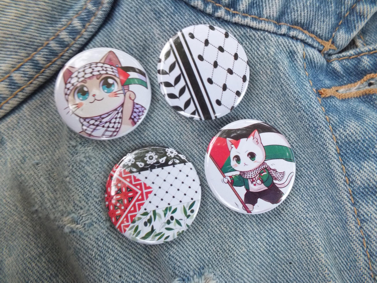 Palestinian Cat Badge – Keffiyeh Cat with Watermelon and Flag – Round Pin for Jacket or Backpack - Palestine Supporter Gift