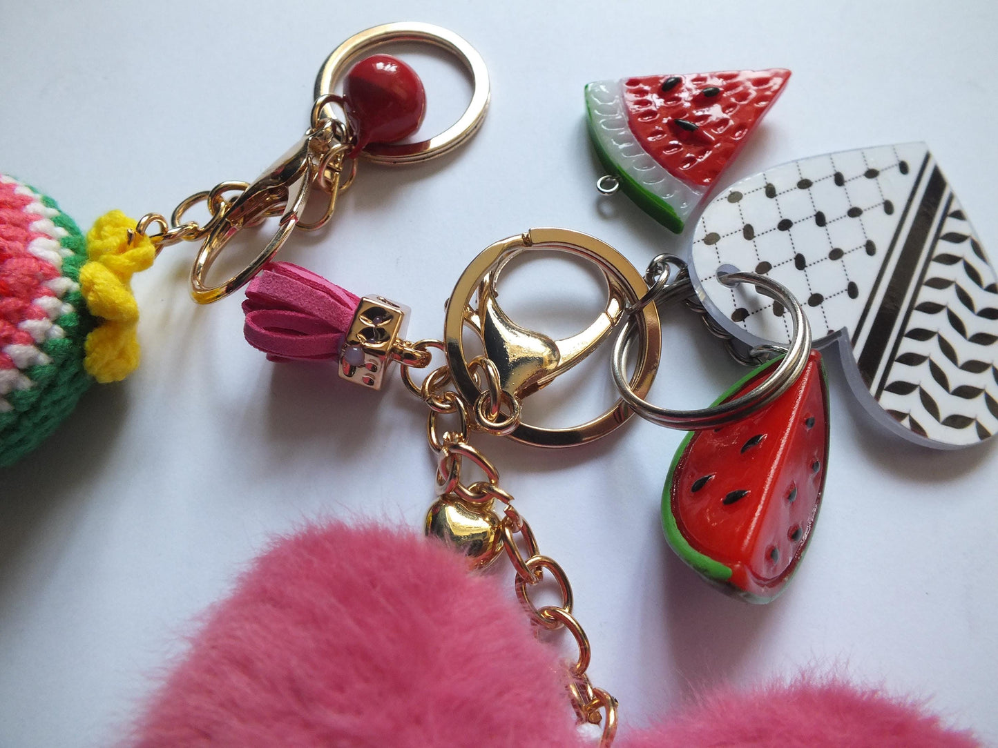Pink Heart Keyring - Gaza Activist Keychain – Palestine Heart in Keffiyeh Print + Watermelon Symbol Charm - New Car Gift for Gaza Supporter