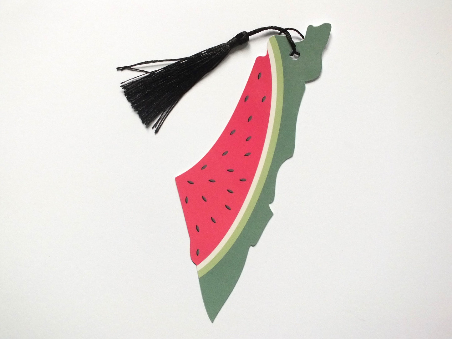 Handmade Pro Palestine Bookmark with Watermelon Artwork - Glossy Map Shape Bookmarks - Activist Gift for Books & Journals