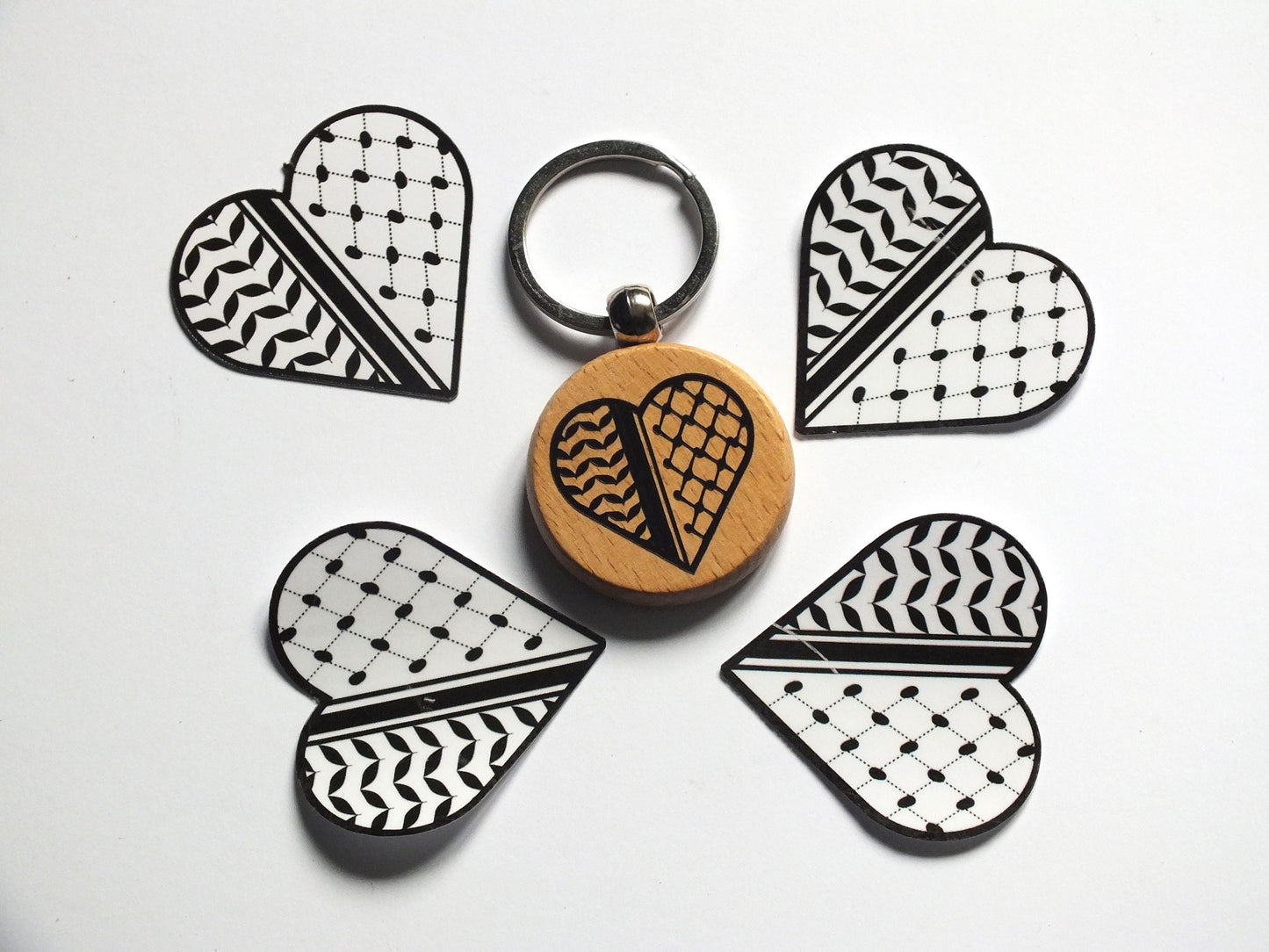Wood Keychain for Palestine with Watermelon Charms - Keffiyeh Vinyl Keyring in Solidarity with Gaza - Proceeds donated to Charity
