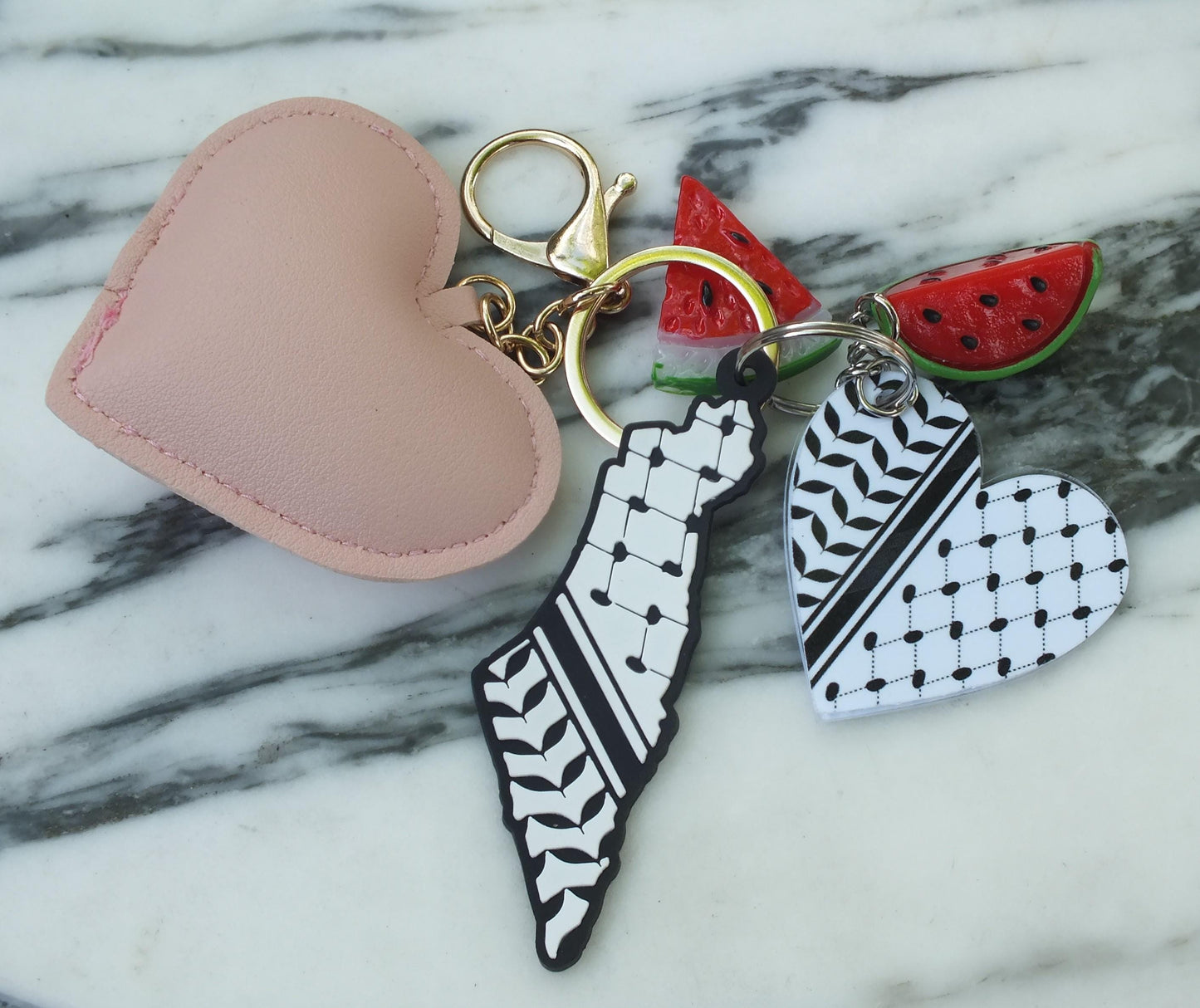 Soft Plushie Heart Keychain – Keffiyeh Pattern with Watermelon Charm – Pro Palestine Gift Idea - Red Heart Keyring for Activist Supporter