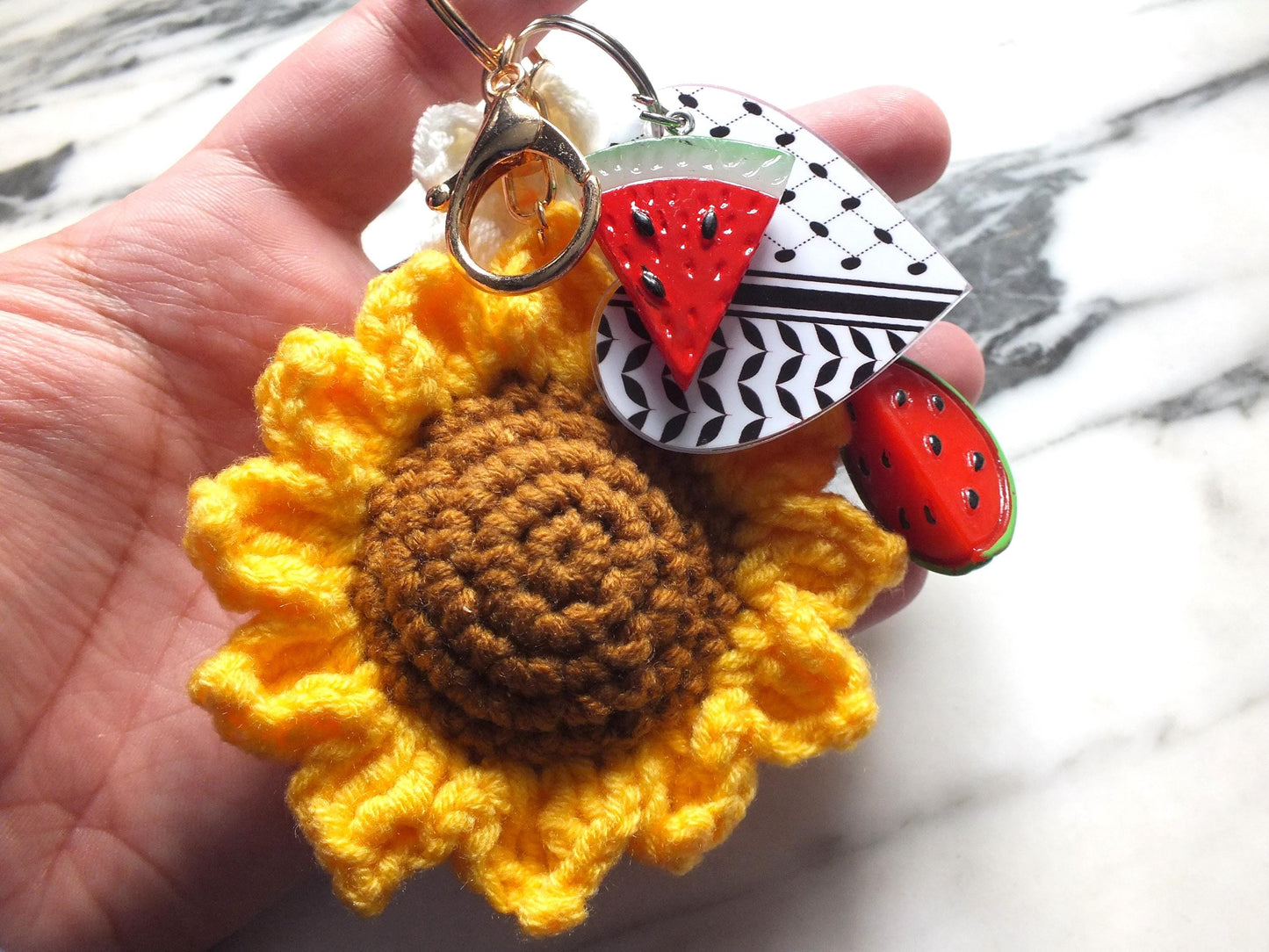 Free Palestine Keyring with Floral Charms - Keffiyeh Embroidery Pattern Charms with Map of Palestine and Watermelon - Proceeds to Gaza