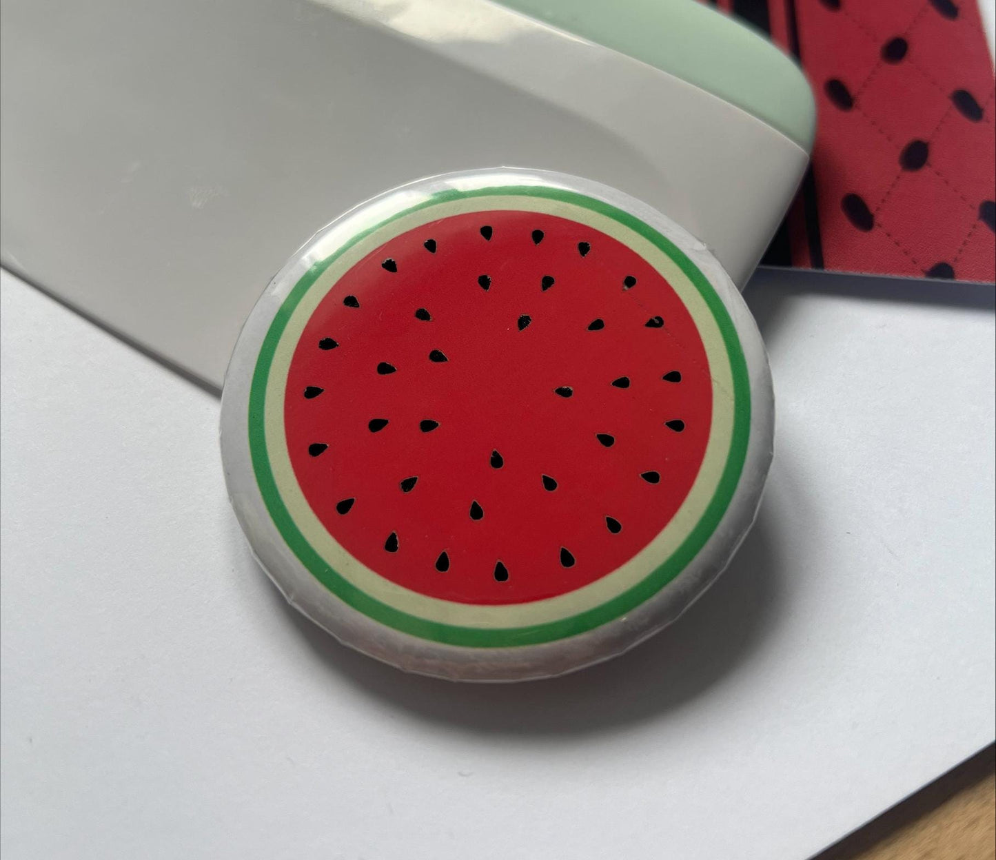 Bold Palestine Badge – Round Pin with Keffiyeh Pattern & Watermelon Illustration – Cultural Statement - Perfect Activist Gift