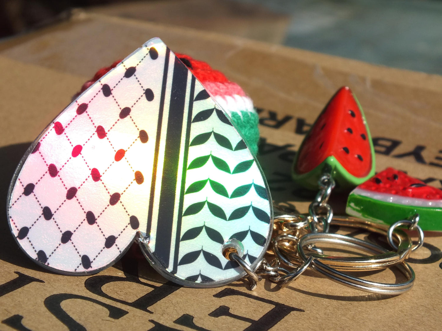 Palestine Watermelon Purse Accessories - Resistance Keychain – Keffiyeh Print Heart + Enamel Watermelon Charm – Cultural Activist Gift