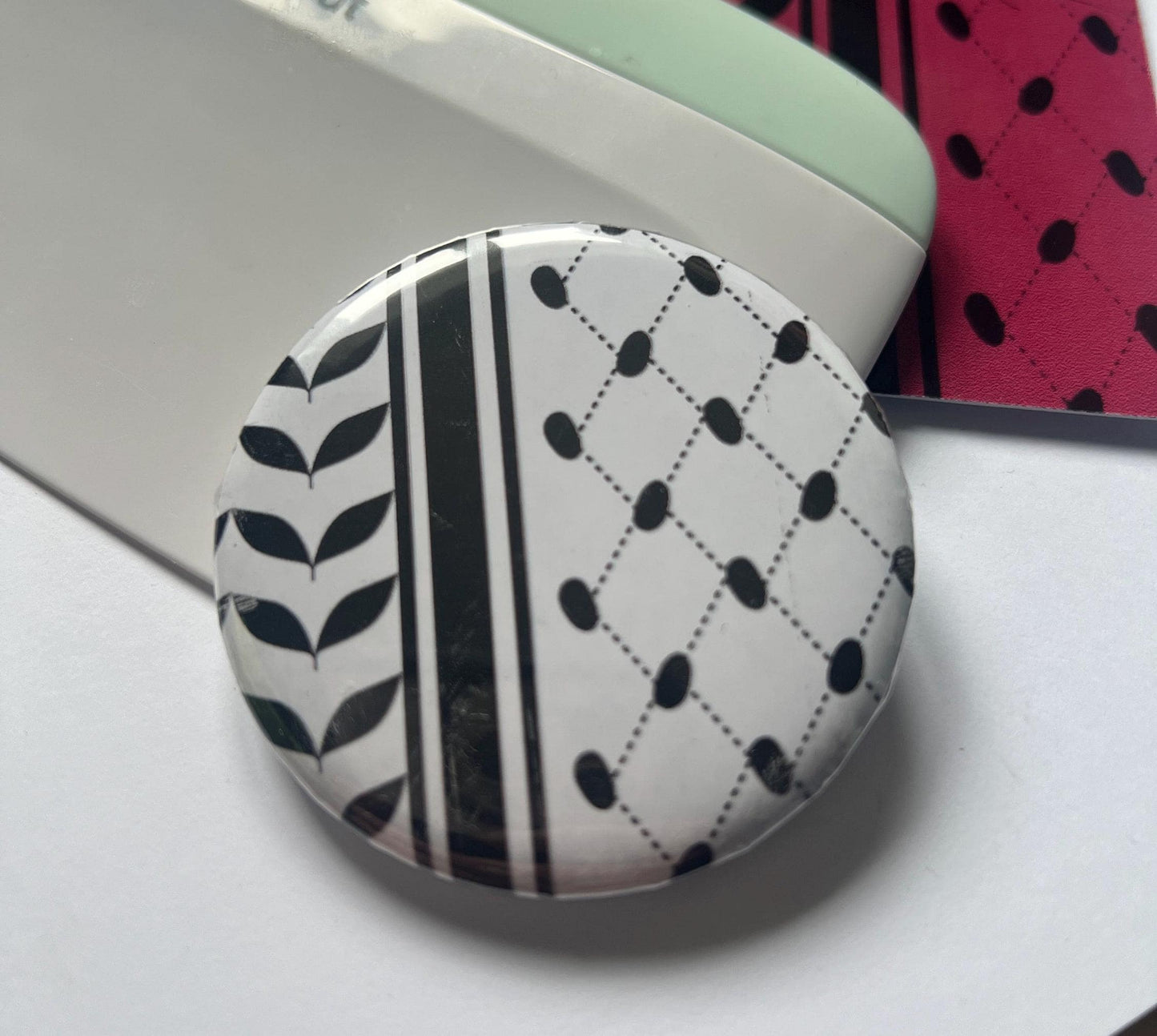 Bold Palestine Badge – Round Pin with Keffiyeh Pattern & Watermelon Illustration – Cultural Statement - Perfect Activist Gift