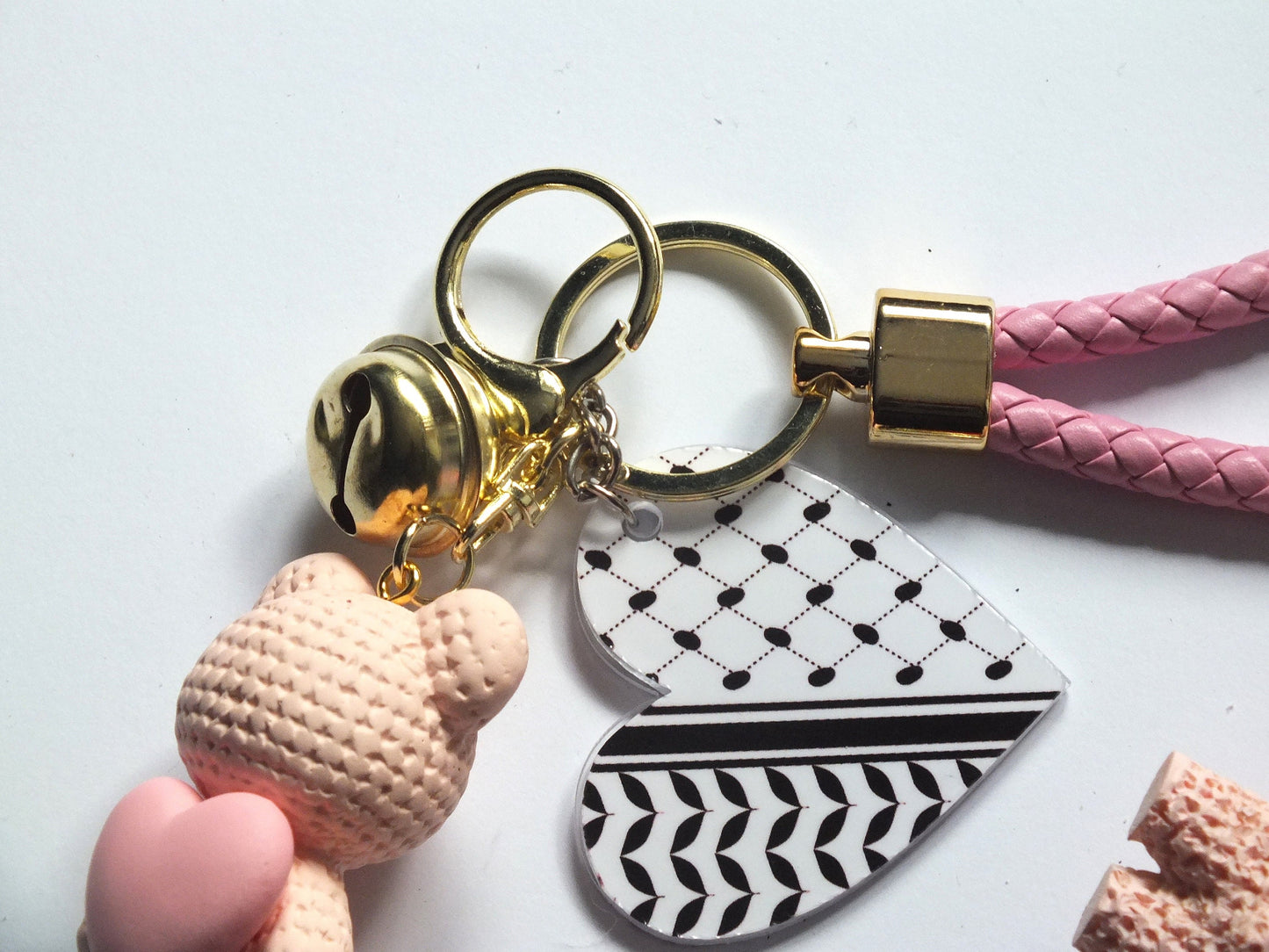 Teddy Bear with Heart Keychain for Palestine – Keffiyeh Pattern + 3D Watermelon Enamel Charm – Gift for Gaza Supporters for Charity