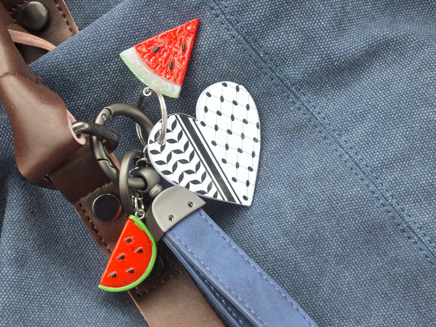Leather Keychain for Palestine in Solidarity with Gaza - Watermelon Enamel Charms & Keffiyeh Acrylic Heart - Palestinian Heritage Print