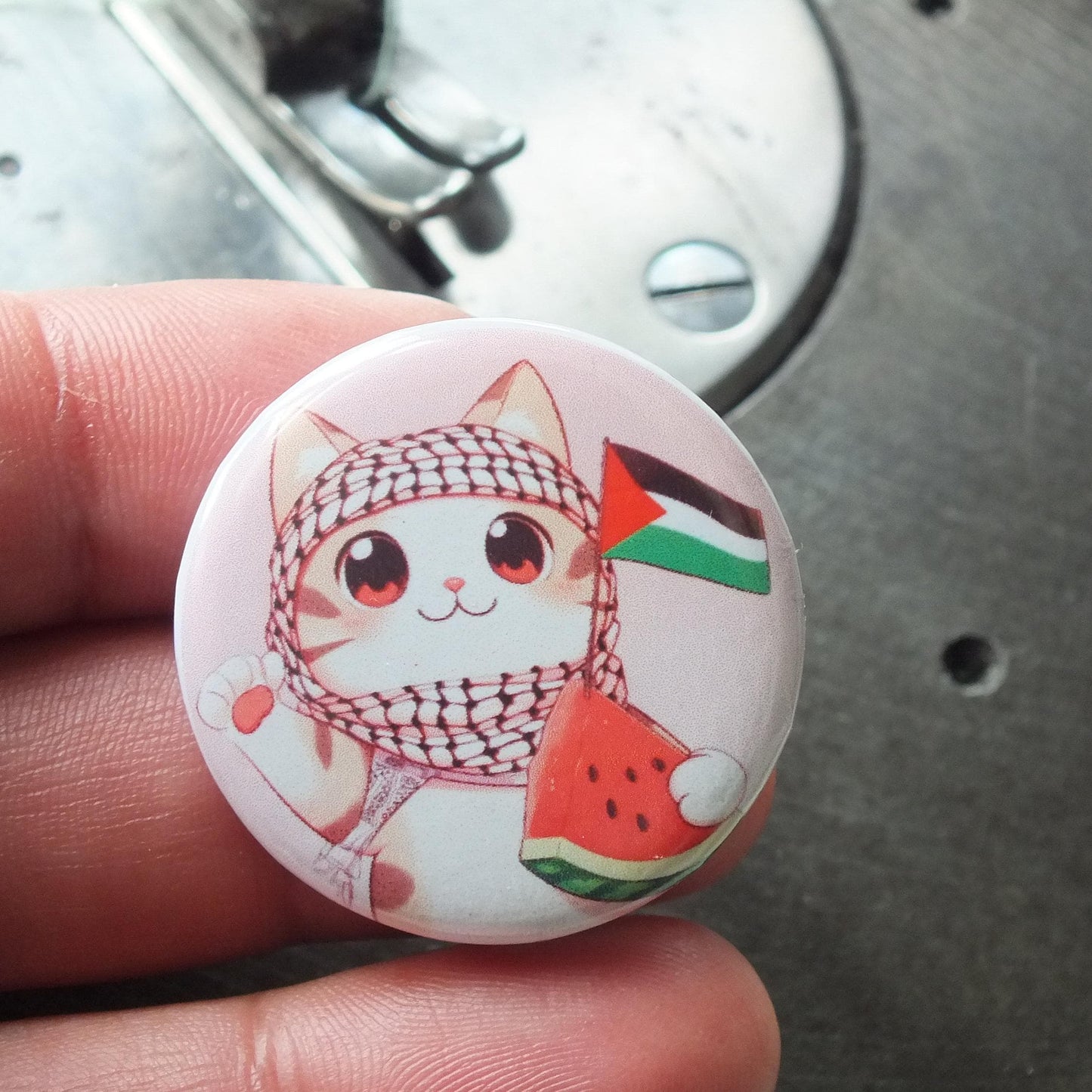 Pro Palestine Cat Activist Pin – Watermelon & Keffiyeh Palestine Flag Design – Cute Resistance Gift Idea - Palestine Pride Art for Clothing