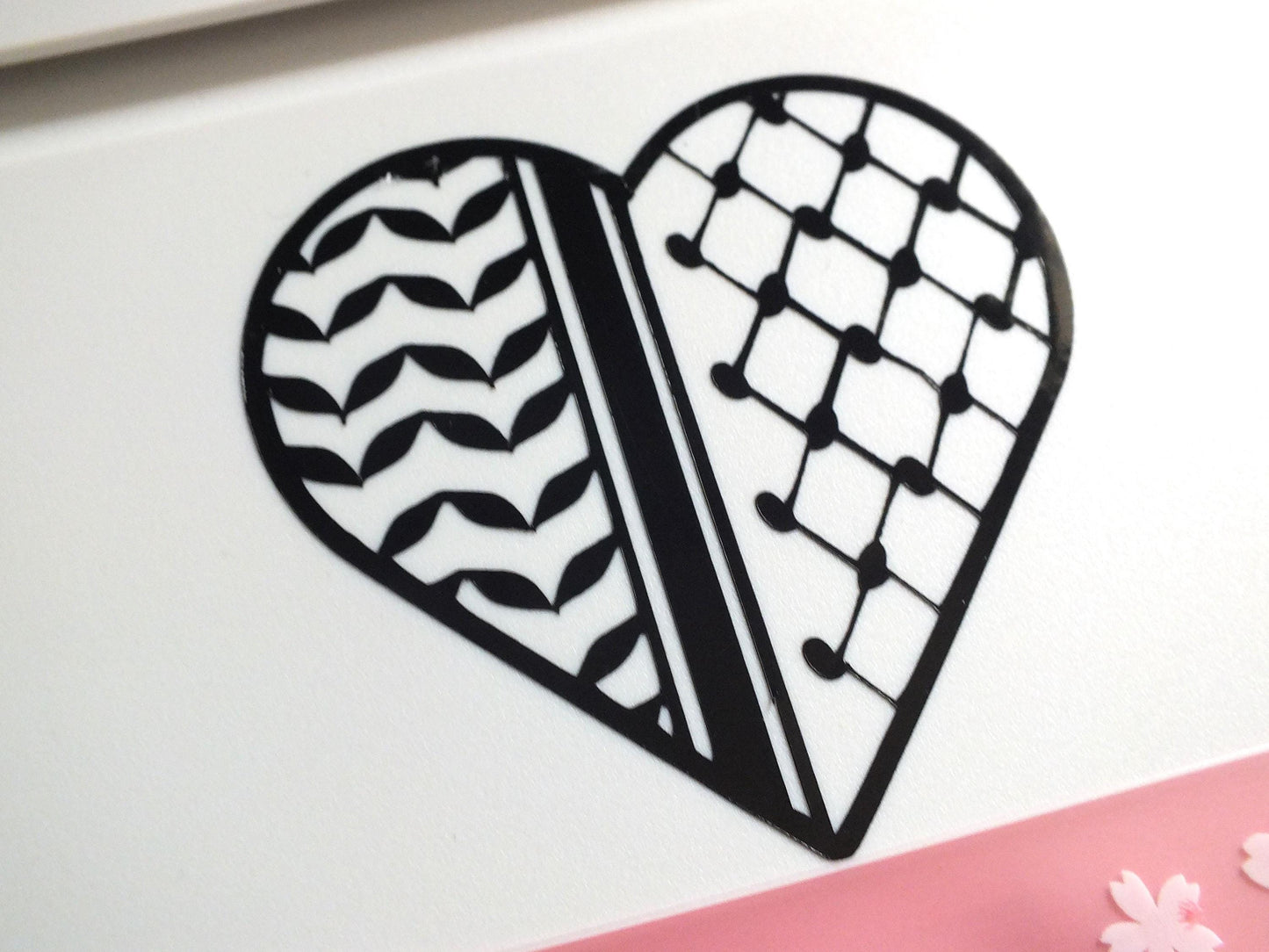 Palestinian Embroidery Pattern Vinyl Decal - Black & White Vinyl Decal for Journal, Water Bottle, iPad – Heart Shape Gaza Solidarity Sticker