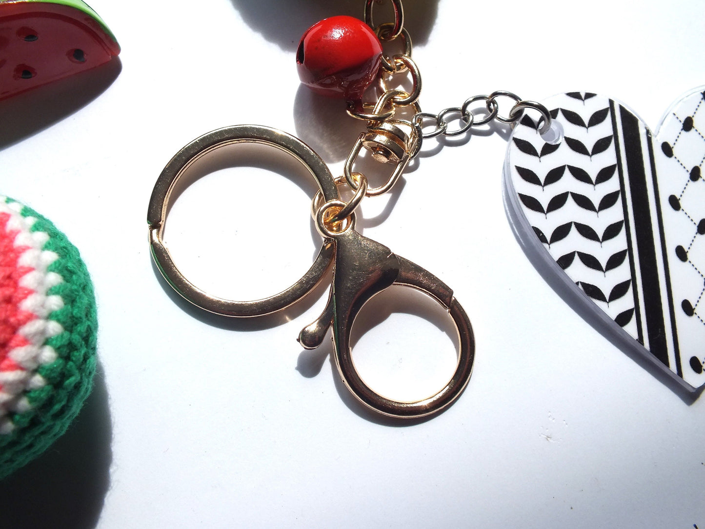 Pro Palestine Keychain – Acrylic Heart with Keffiyeh Print & 3D Watermelon Charm – Solidarity Gift with Crochet Watermelon