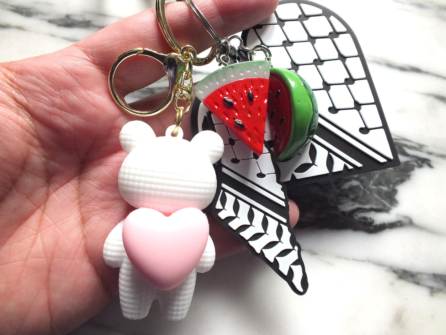 Palestinian Keyring with Love Heart Teddy Bear - Keffiyeh Pattern + Watermelon Enamel Charm – Gift for Supporter and Activists