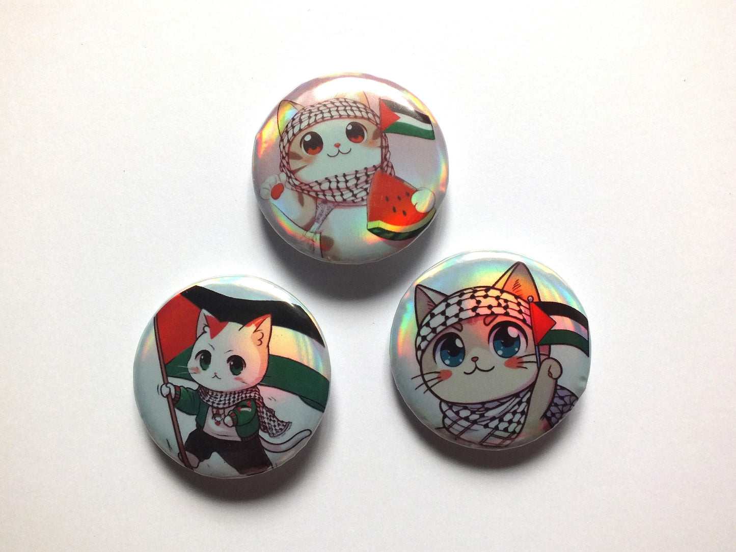 Palestine Cat Activist Pin – Watermelon & Keffiyeh Palestine Flag Design – Cute Resistance Gift Idea - Holographic Pins for Gaza