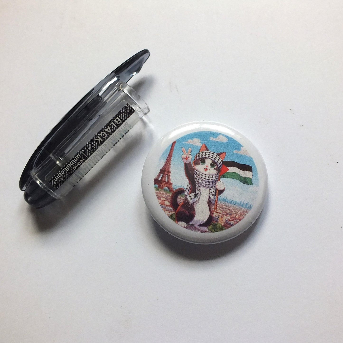 Round Metal Pin for Gaza – Cat with Palestinian Flag and Watermelon – Protest Art with Cute Twist - Activist Metal Badge for Backpack