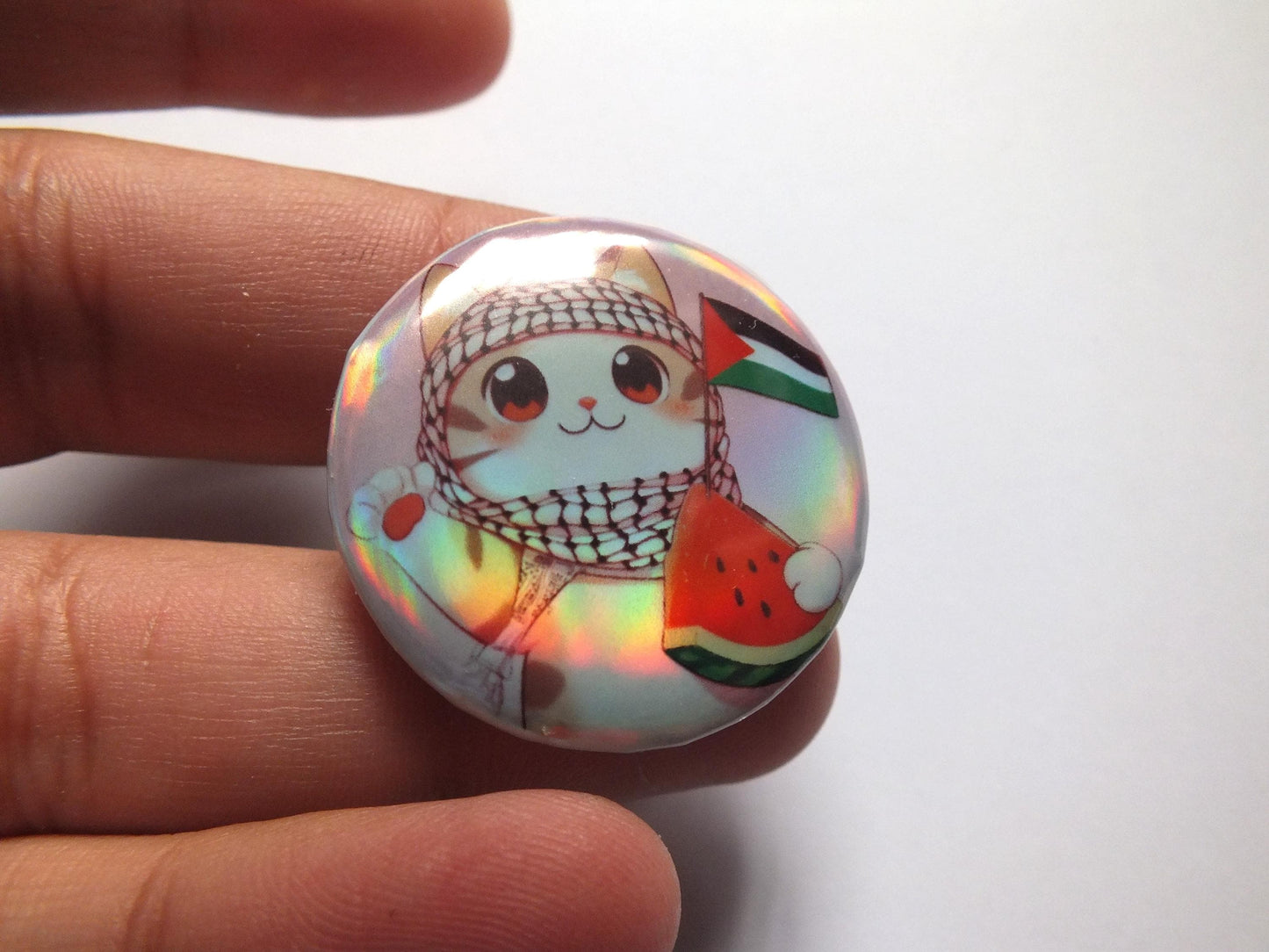 Palestine Cat Activist Pin – Watermelon & Keffiyeh Palestine Flag Design – Cute Resistance Gift Idea - Holographic Pins for Gaza