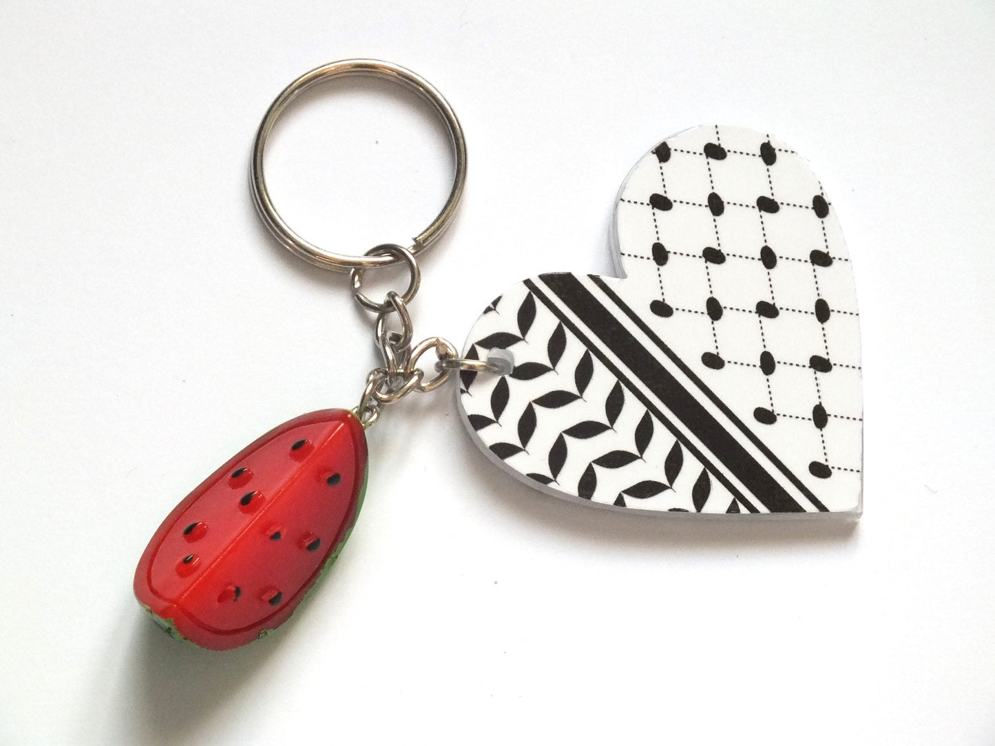 Free Palestine Keychain – Keffiyeh Heart with Watermelon Charm – Resistance Art Accessory in Solidarity with Gaza - Proceeds to Charity
