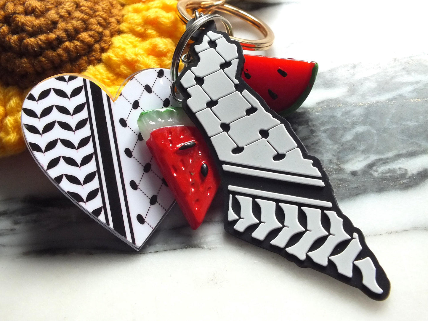 Free Palestine Keyring with Floral Charms - Keffiyeh Embroidery Pattern Charms with Map of Palestine and Watermelon - Proceeds to Gaza
