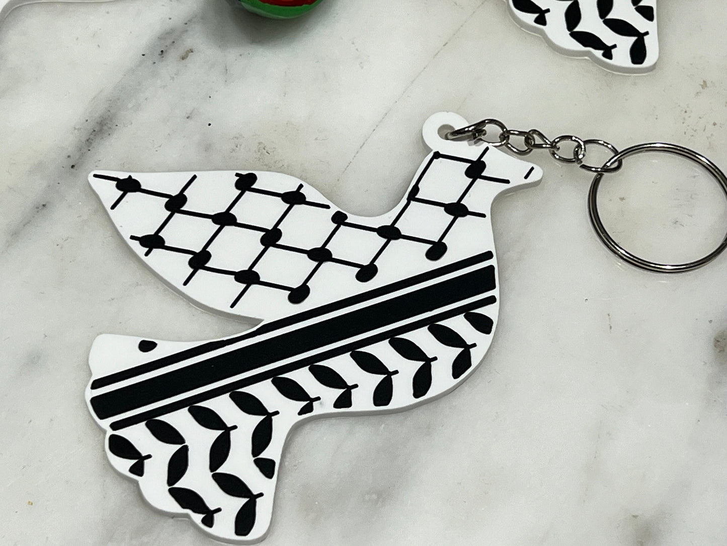 Peace Dove Keychain with Keffiyeh Pattern Charm - Activist Keychain – Palestine Heart in Keffiyeh Print + 3D Enamel Watermelon Charms
