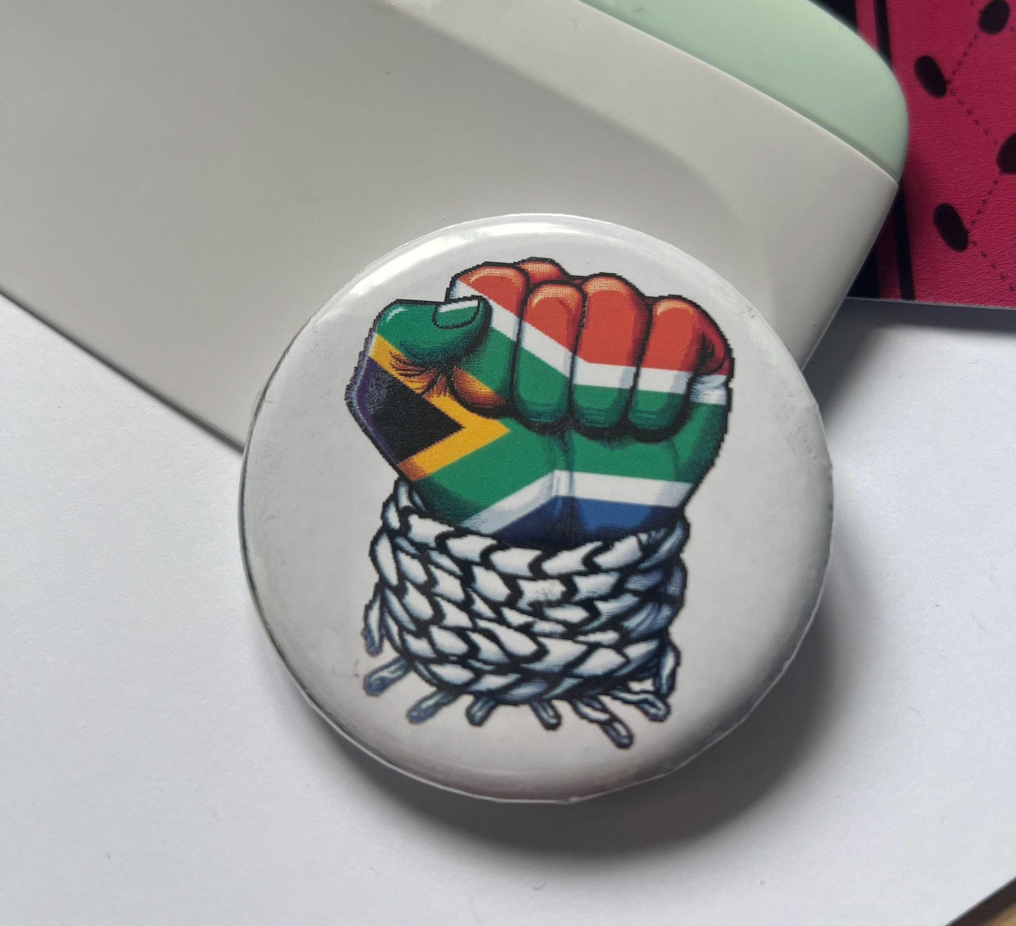 Bold Palestine Badge – Round Pin with Keffiyeh Pattern & Watermelon Illustration – Cultural Statement - Perfect Activist Gift