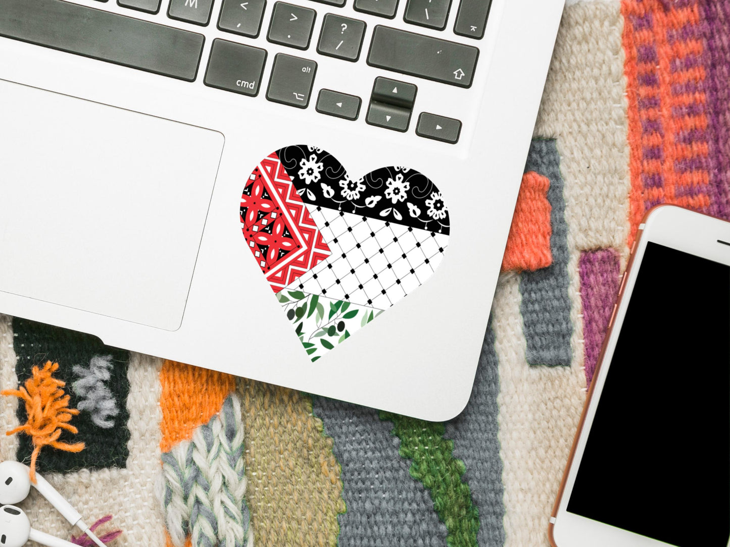 Glossy Keffiyeh Heart Decal – Palestine Flag Colors Vinyl Sticker for Phone Case, Laptop, Water Bottle – Resistance Symbol for Activist