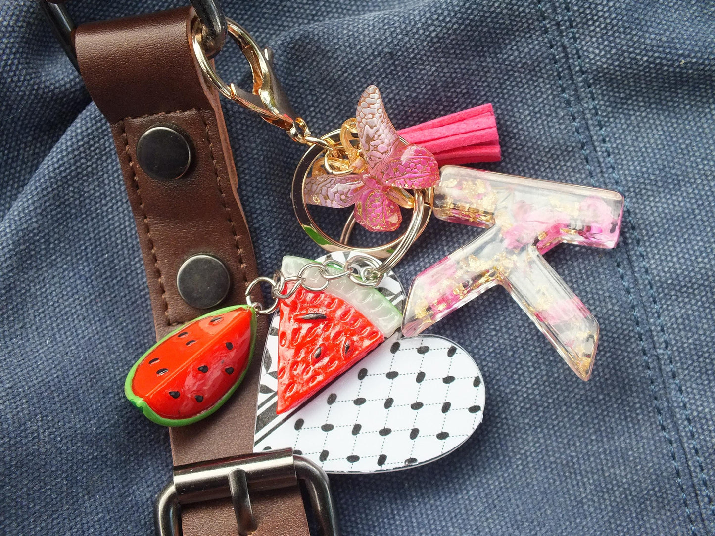 Resin Keychain with Initial for Palestine - Heart & Watermelon Keychain – Palestine Support Gift with Keffiyeh Art - Proceeds to Gaza
