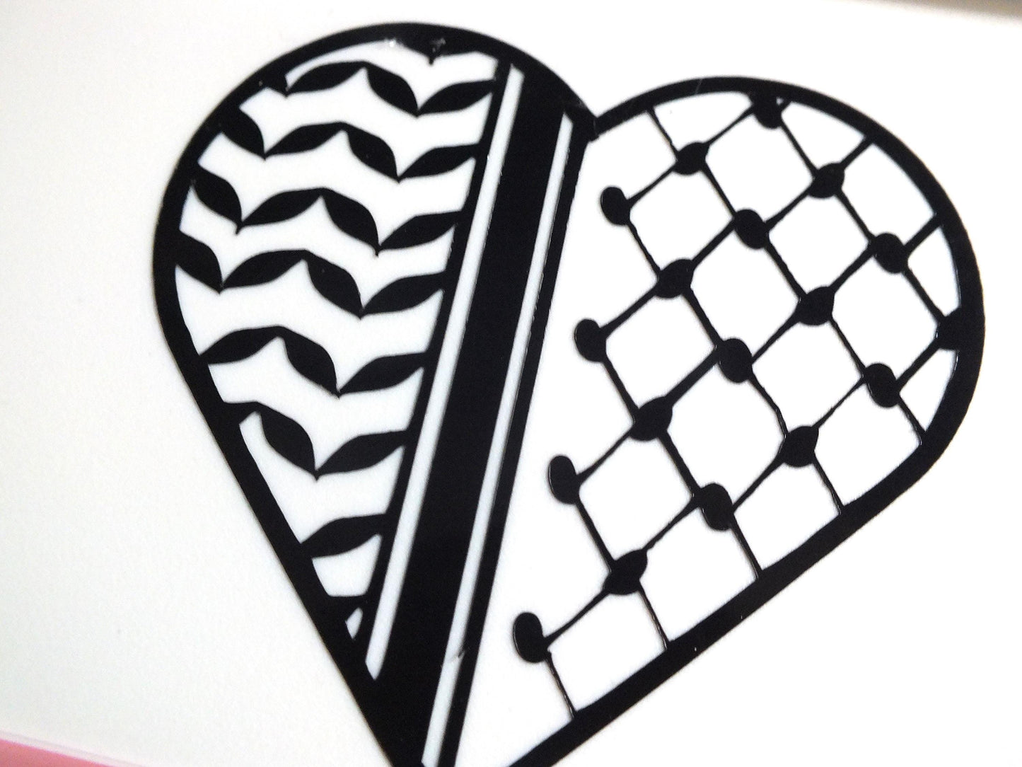 Palestinian Embroidery Pattern Vinyl Decal - Black & White Vinyl Decal for Journal, Water Bottle, iPad – Heart Shape Gaza Solidarity Sticker