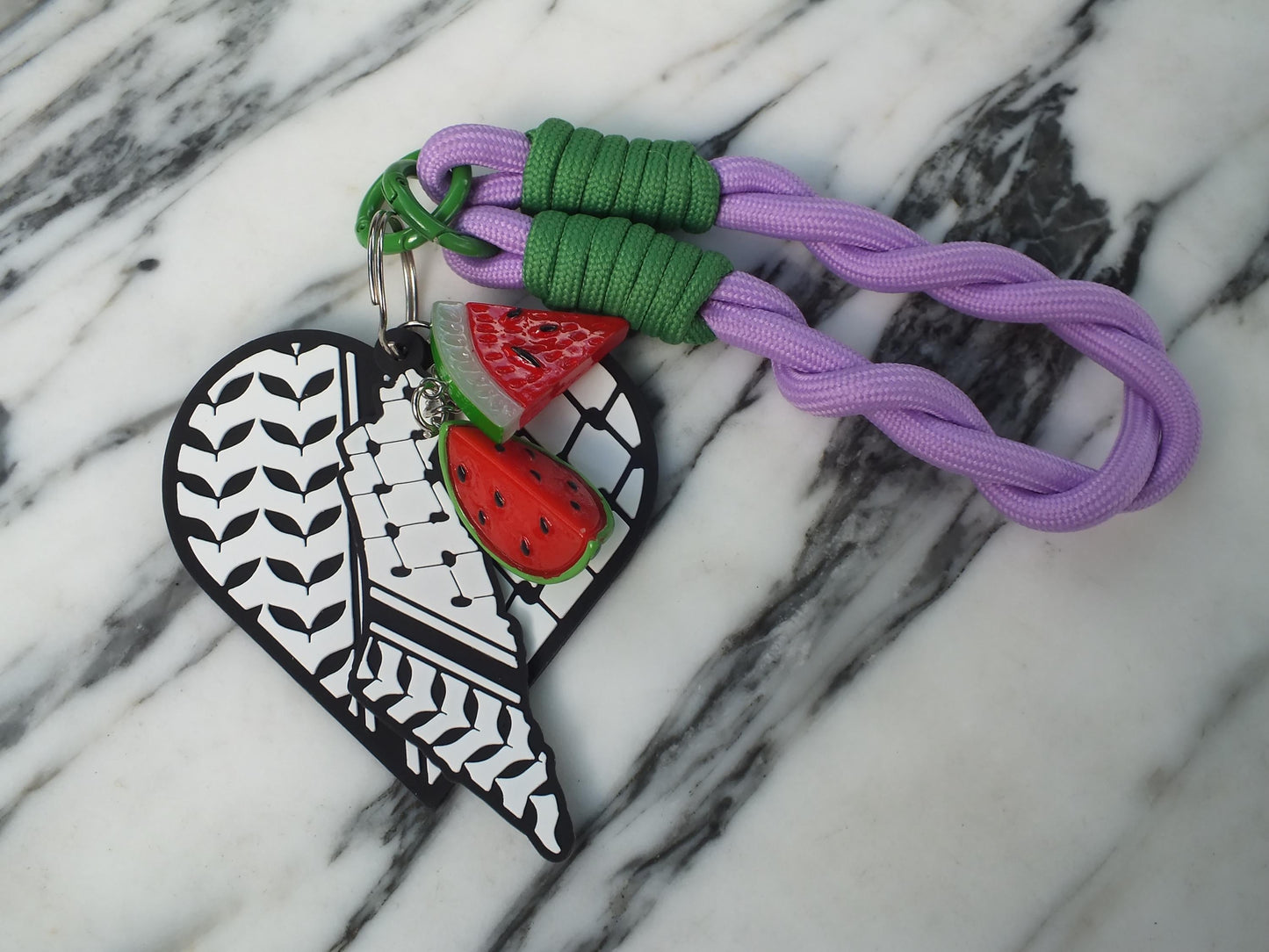 Palestine Car Keychain - Palestinian Symbol Keychain – Heart with Keffiyeh & Watermelon – Handmade Political Gift for Gaza Charity