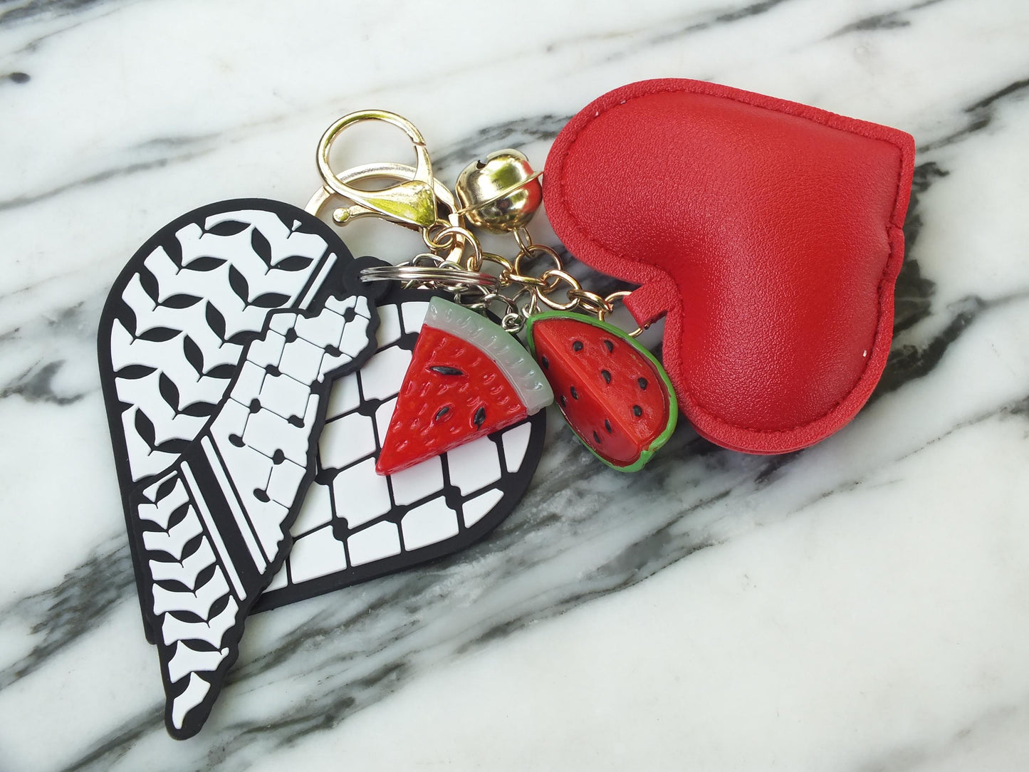 Soft Plushie Heart Keychain – Keffiyeh Pattern with Watermelon Charm – Pro Palestine Gift Idea - Red Heart Keyring for Activist Supporter