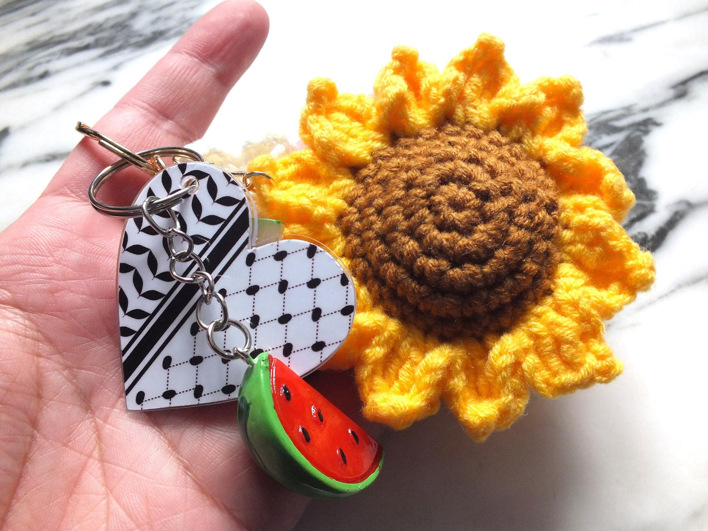 Free Palestine Keyring with Floral Charms - Keffiyeh Embroidery Pattern Charms with Map of Palestine and Watermelon - Proceeds to Gaza
